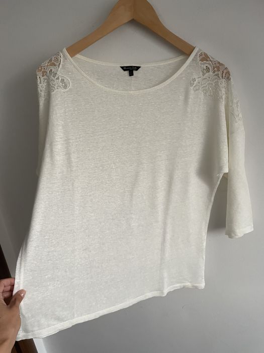 Massimo Dutti lniana kremowa bluzka oversize naturalka z koronka