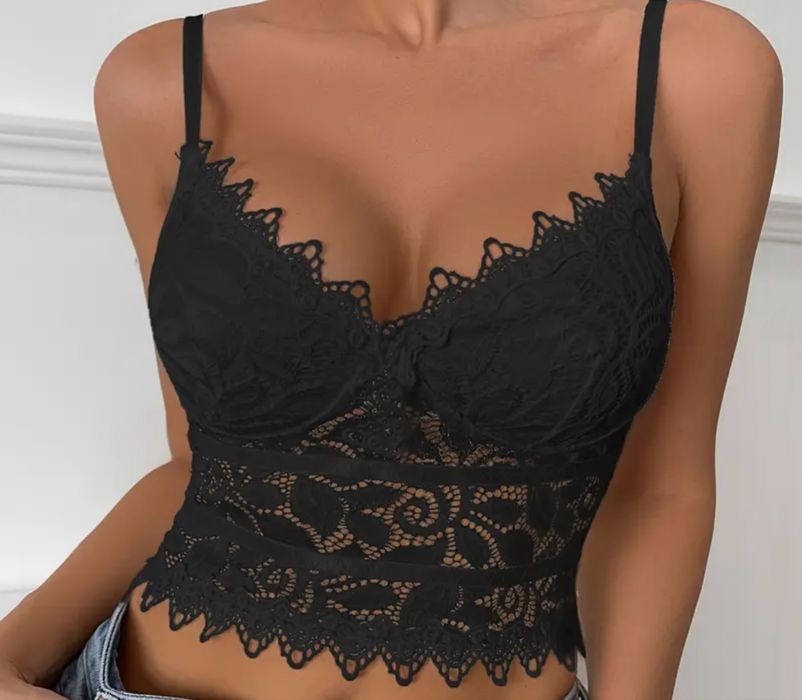Crop top brales koronkowy czarny na ramiączka bielizna XS 34
