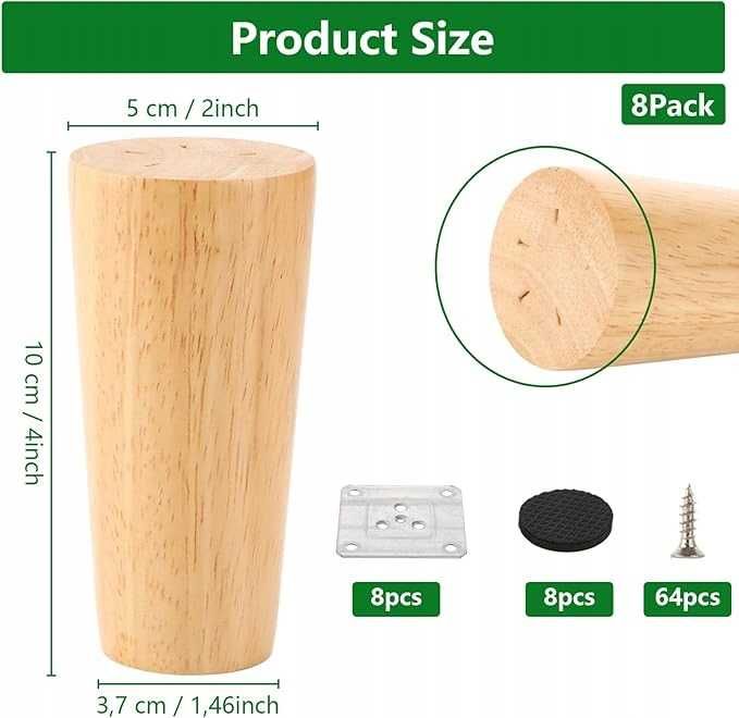 AKOLAFE Drewniane nogi meblowe dąb 10 cm do dużych obciążeń 8szt
