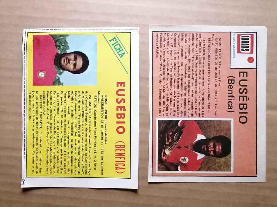 EUSÉBIO Ficha/Cromo Mais Famosos Nº1 Ídolos dos Desportos 1975