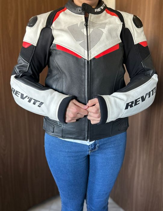 REV'IT! Convex kurtka motocyklowa skórzana r. 50 – czarno/biało/czerwona, SeeFlex Level 2, stan bdb