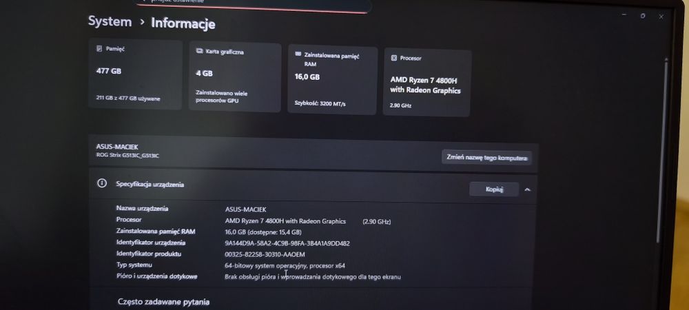 Laptop gamingowy ASUS ROG STRIX/RTX 3050 RYZEN 7