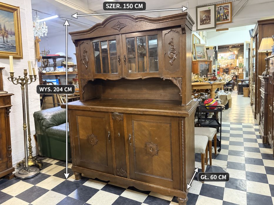 ANTYCZNY KREDENS DREWNIANY Z NIEMIEC duży rzeźbiony stylowy witryna bufet Vintage  DOWÓZ DO DOMU