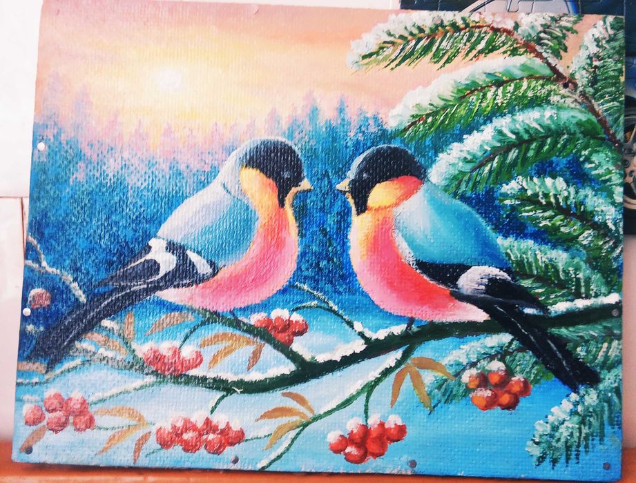 картина маслом ДВП  *Снегири* розмір 20*25