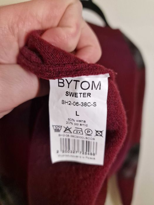 Sweter meski w serek Bytom z  naszywkami L 80% wełna bordowy elegancki