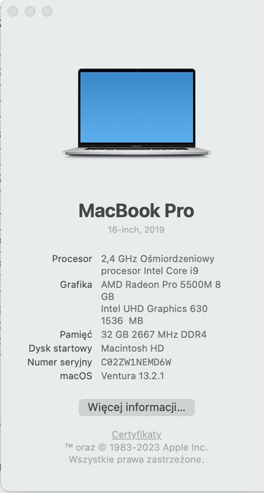 Apple MacBook Pro 16'' 2.4GHz (i9) /32GB/2TB SSD/Radeon Pro 5500M 8GB