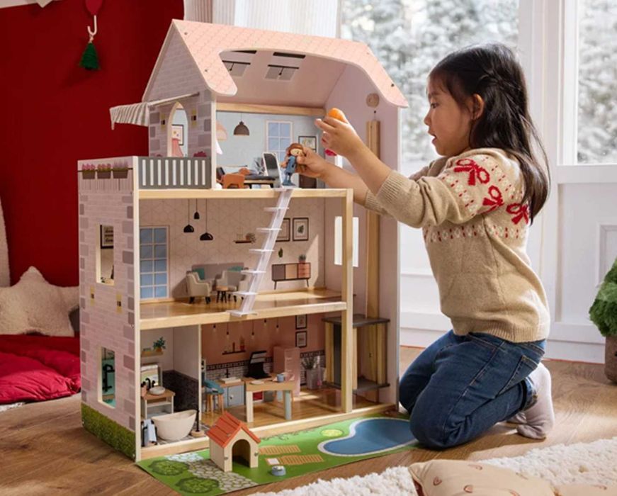 Domek dla lalek willa dzieci LED lalki XXL 3xpiętro DREWNO winda DEMO