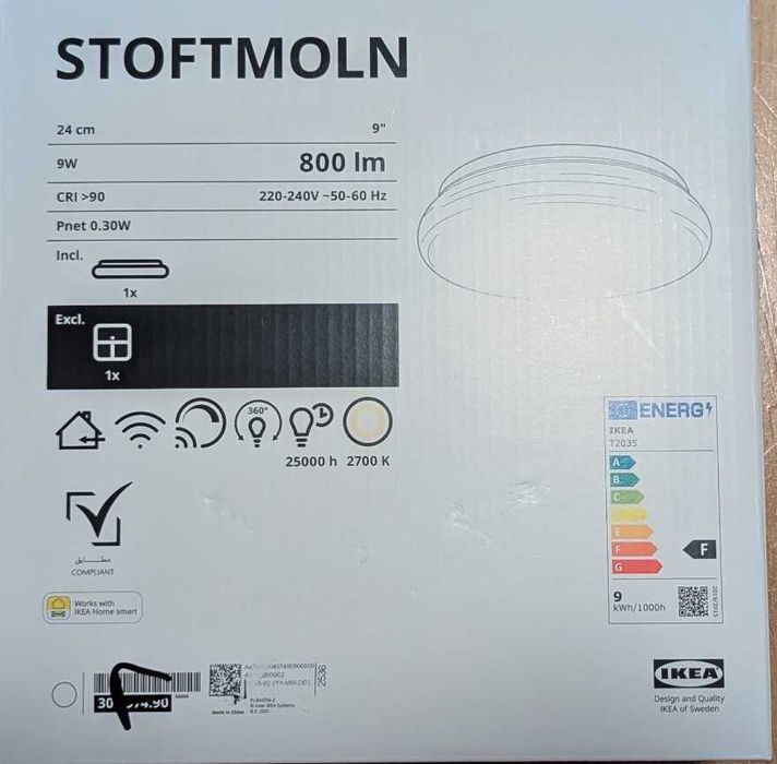 STOFTMOLN IKEA lampa sufitowa/ścienna LED, 24 cm, smart bezprzewodowy przyciemniany/ciepły biały biały