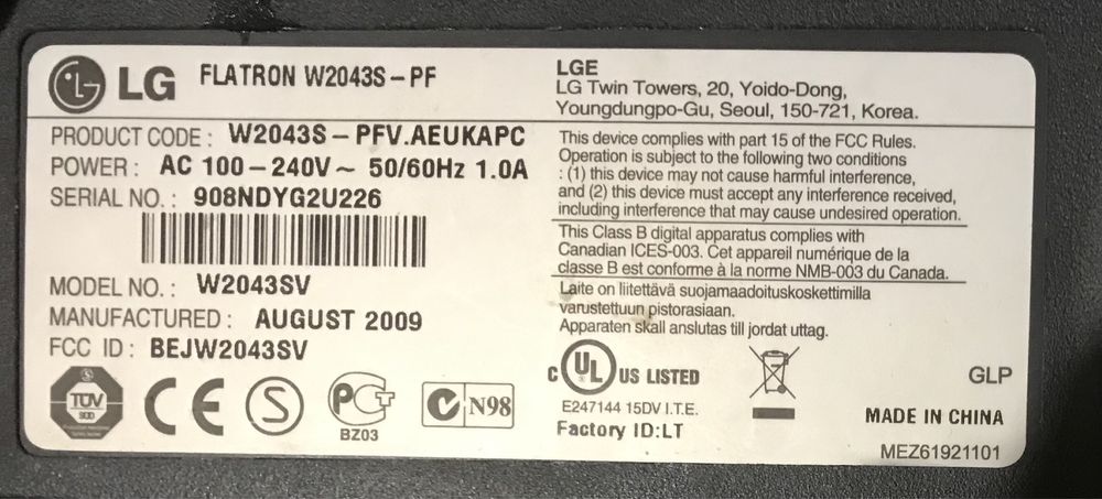 Монітор LG FLATRON W2043S