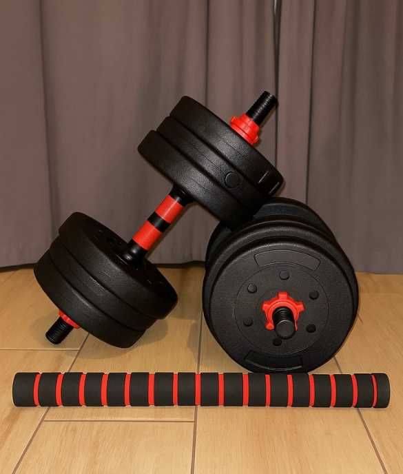 ZESTAW 2w1 Hantle bitumiczne regulowane 2x10kg sztanga 20KG obciążenia