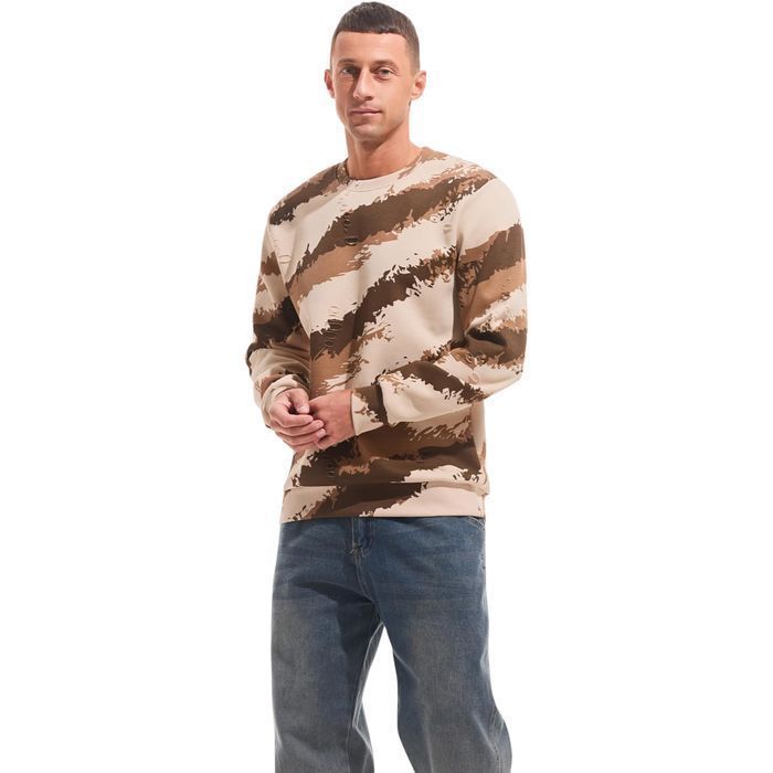 Męska bluza polarowa crewneck - ocieplana, moro beżowa, XXL