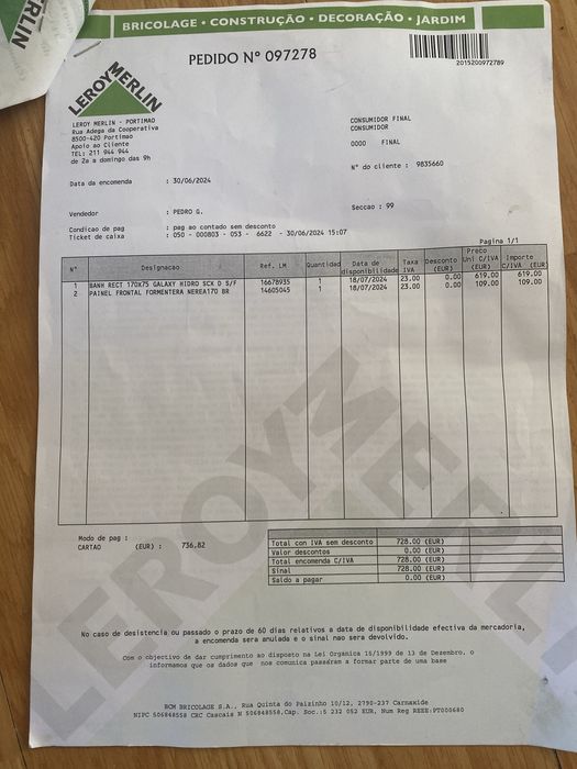 Por estrear, Banheira rect  170x75 Galaxy Hidro SCX D S/F + painel.