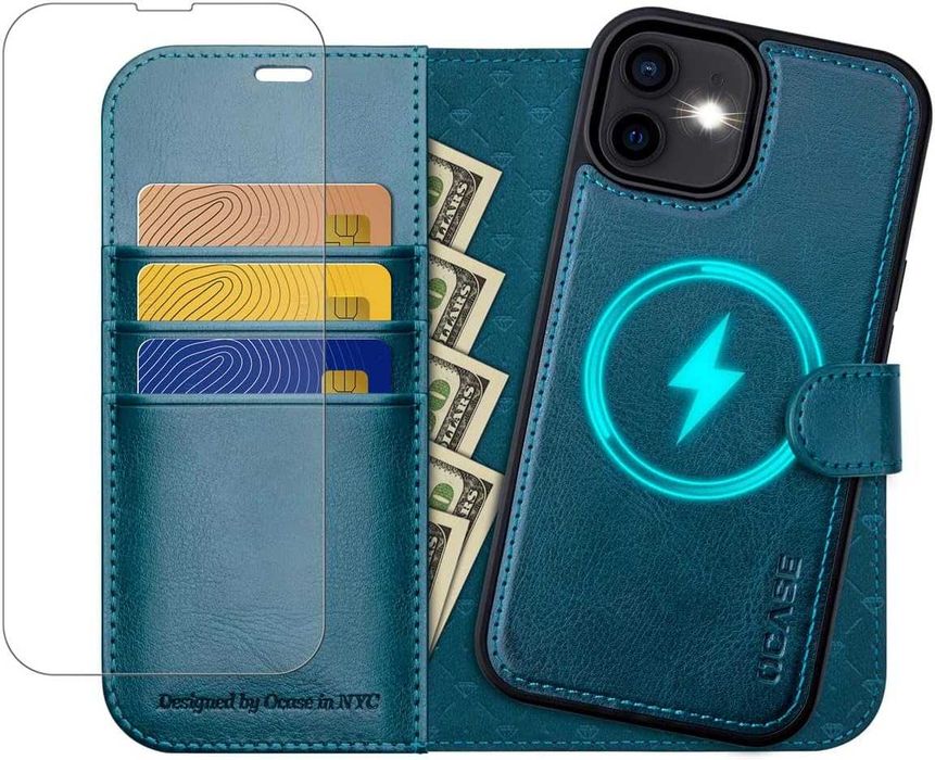 Ocase etui skórzane magsafe iPhone 12 / 12 Pro niebieskie pawio 2w1