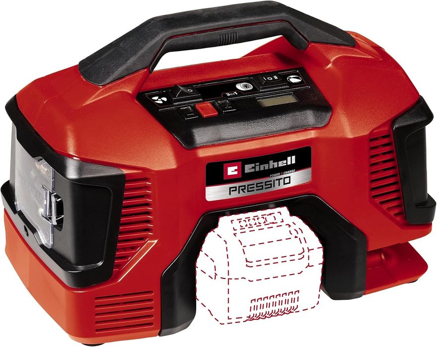 Einhell Kompresor akumulatorowy PRESSITO 18/21 Power X-Change Li-Ion, 18 V, pompa wysokiego i niskiego ciśnienia, cyfrowy wyświetlacz