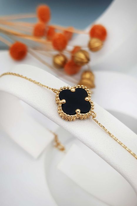 Złota bransoletka z dużą czarną koniczyną 19 cm pr. 585