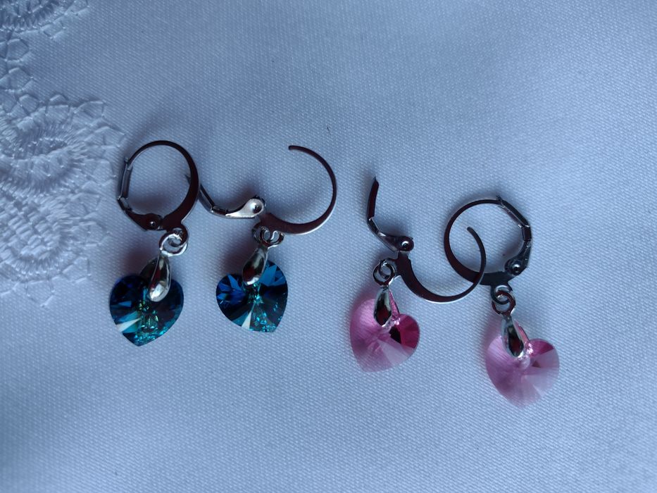 kolczyki dziewczęce serduszka Swarovski różowe szafirowe stal szlachet