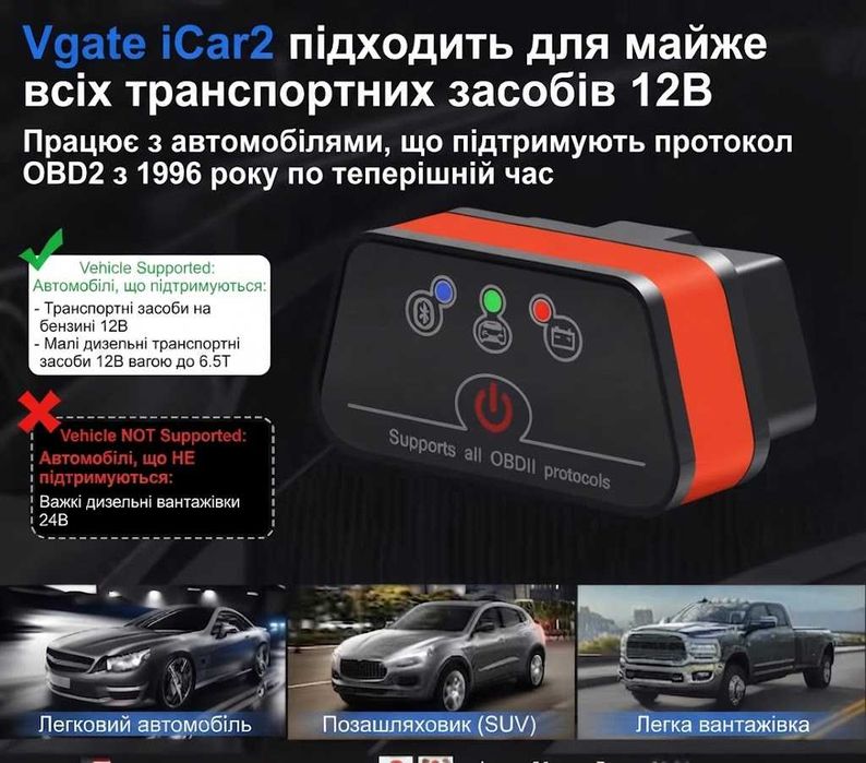 Діагностичний сканер (адаптер) vgate iCar2 Bluetooth 3.0 (ELM327 mini)