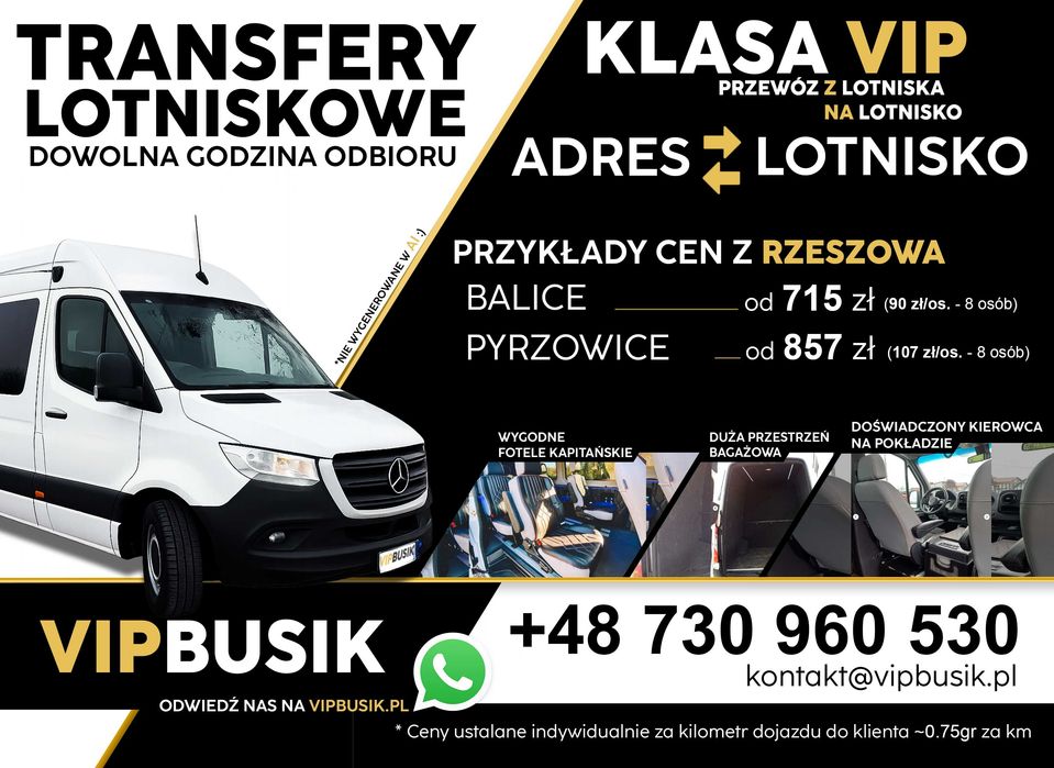 Transfery lotniskowe, przewozy osób - Mercedes VIP Class - Rzeszów + 30km - VIPBusik