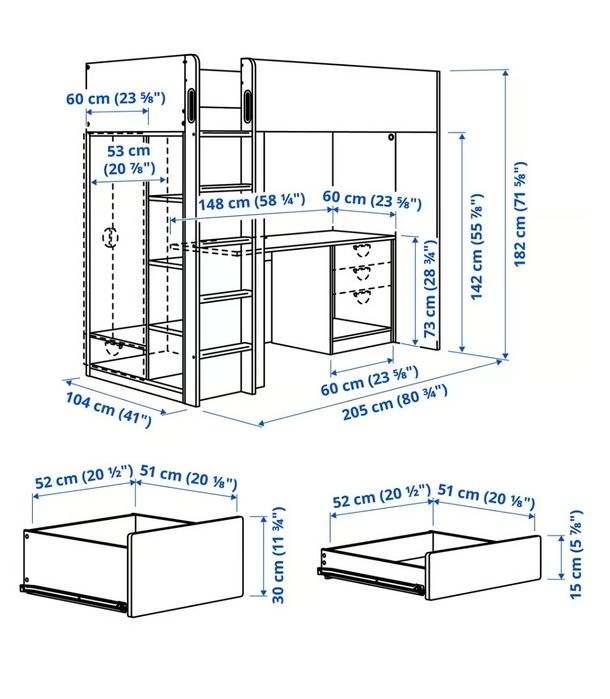 Łóżko na antresoli z biurkiem  IKEA Smastad