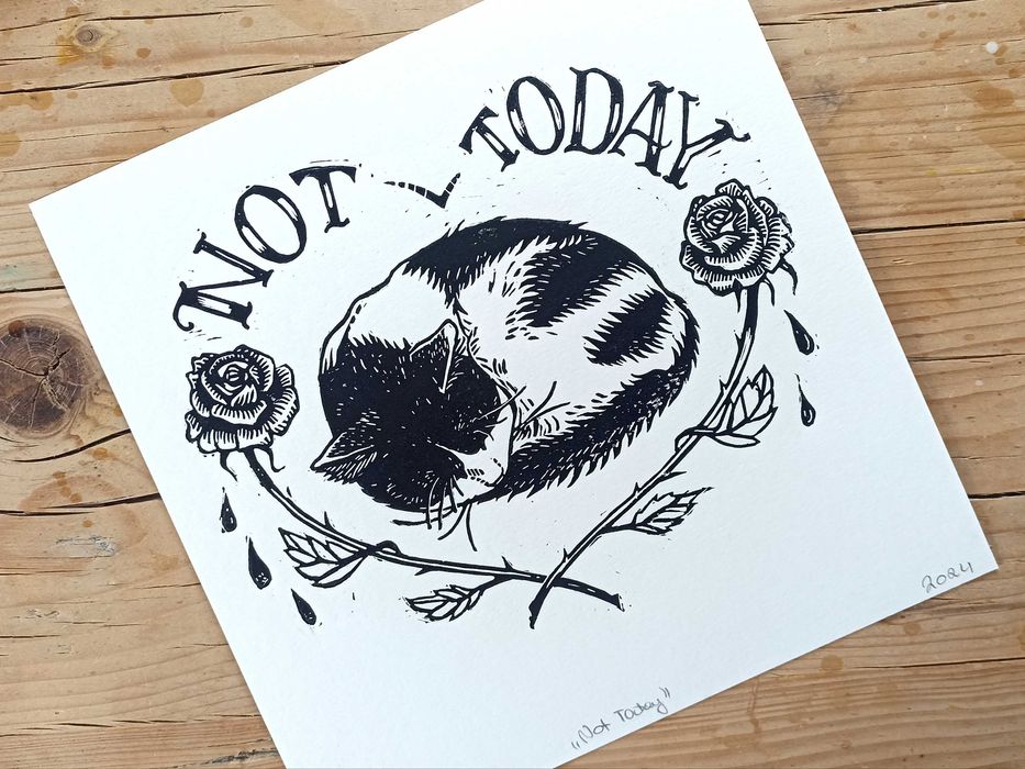 Linoryt, czarno biały kot "Not Today", grafika 21 x 21 cm