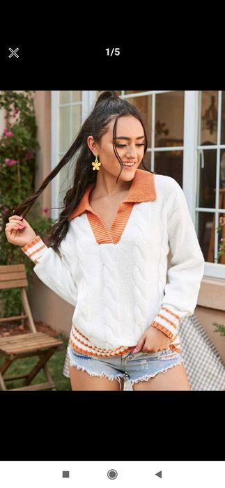 Nowy sweter damski z kołnierzykiem biały oversize modny ciepły 36