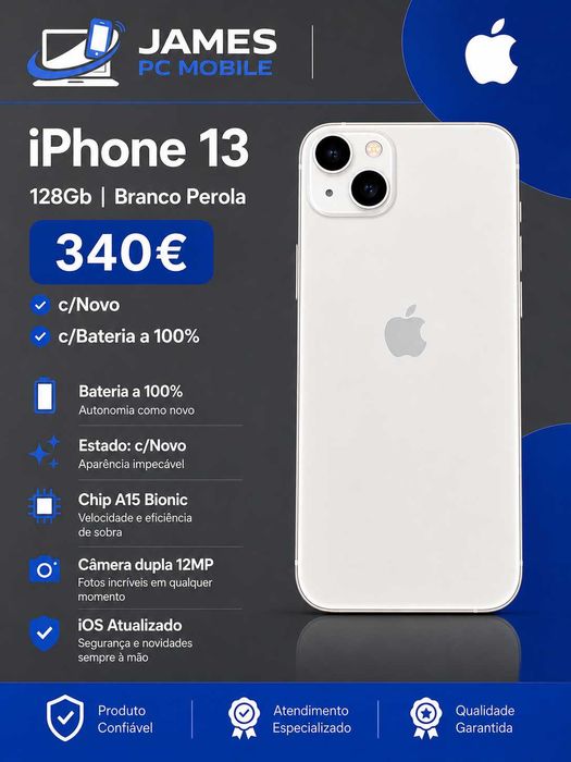 IPHONE 13 - 128Gb Branco Perola c/Novo c/Bateria 100%