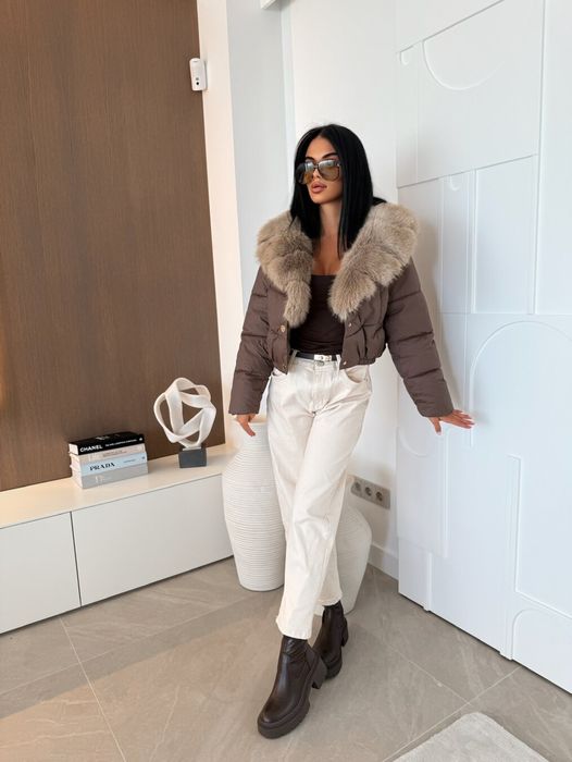 Kurtka pikowana z futerkiem czekoladowa jesień Varlesca chicaca S L