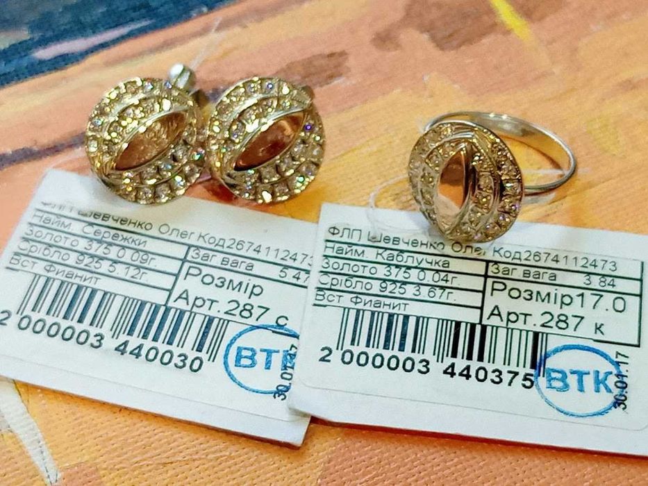 Серьги + кольцо, серебро 925 + золото 375, с золотыми пластинами