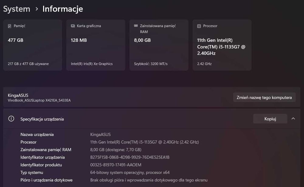 Vivobook ASUS X421EA_S433EA // i5 1135G7; 8GB ram; 512 ssd