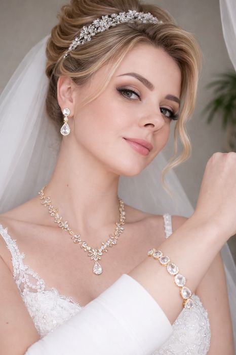 Złoty ślubny naszyjnik kolczyki bransoletka