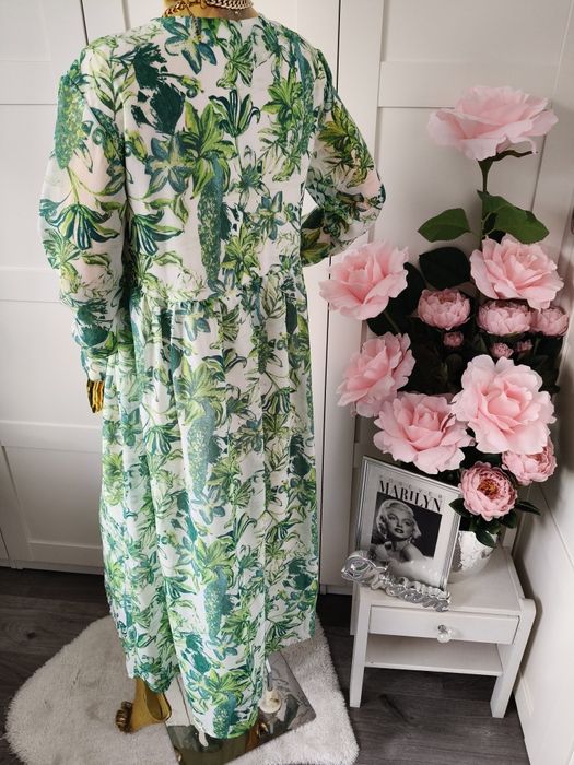 Nowa sukienka szyfonowa z motywem liści Bonprix R.40/42