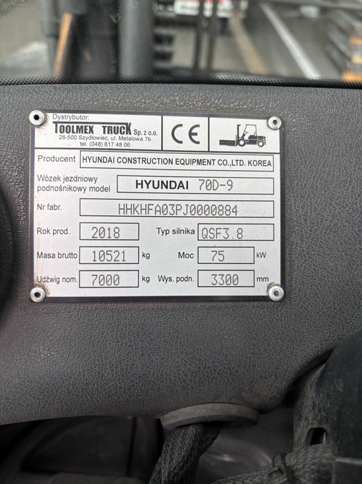 Wózek widłowy 7 ton HYUNDAI 70D-9 2018 rok diesel