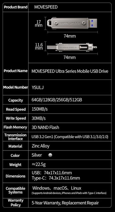  Флешка Apple  iPhone,iPad,MacBook 2-в-1 USB + Type-C MOVESPEED 256GB