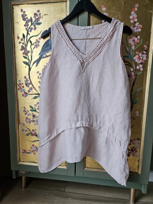 Lniana tunika damska bluzka oversize pudrowy róż Marisa Marie M 100% L