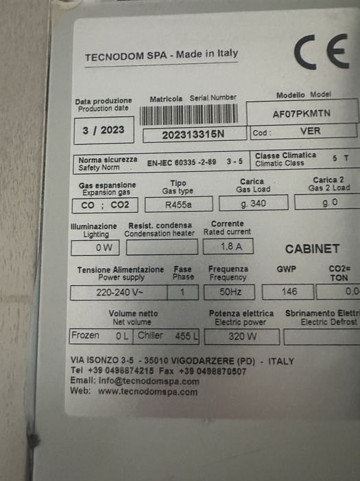 Szafa Chłodnicza profecjonalna TECNODOM – WŁOSKA, STAN BARDZO DOBRY!