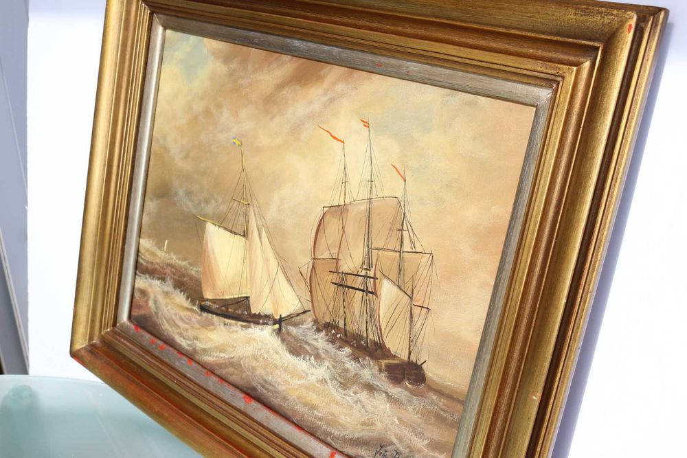 Quadro de JOÃO PEIXOTO Óleo s Tela Barcos Assinado 30 x 40 cm mancha