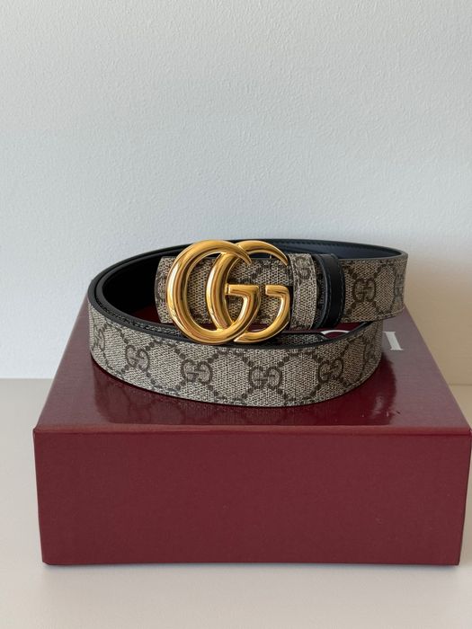 Gucci Marmont Pasek Dwustronny Damski Skórzany Czarny GG Supreme Złota Klamra Rozmiar 85