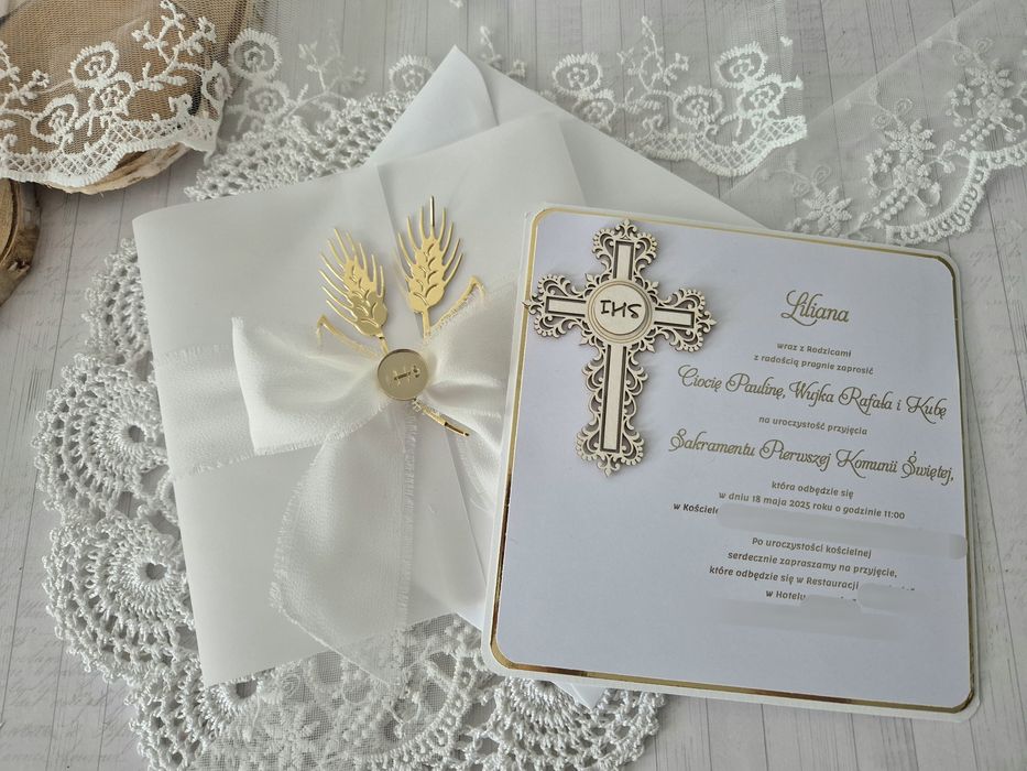 zaproszenia komunijne tekturka kłosy złoty tekst