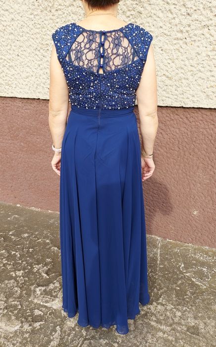 Piękna granatowa sukienka maxi długa elegancka perełki stan idelany 38