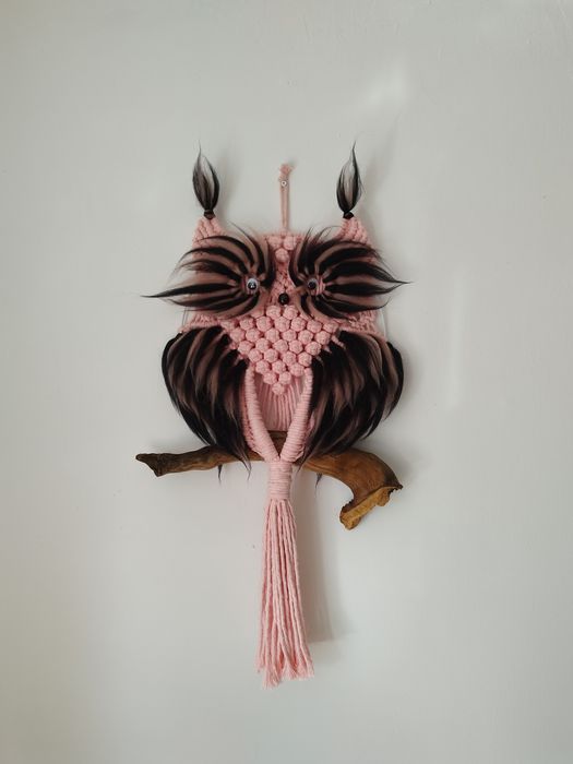 Sowa makrama różowo - czarna
