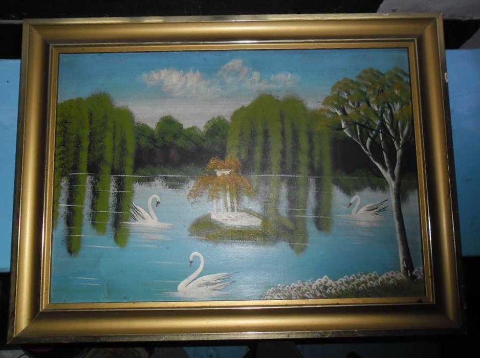 Łabędzie w sadzawce-obraz olejny.Sztuka ludowa