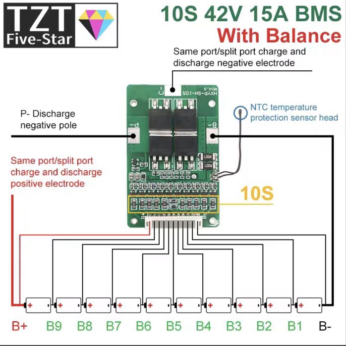 BMS плата захисту Ii-on батарей 10S 42V 15A бмс