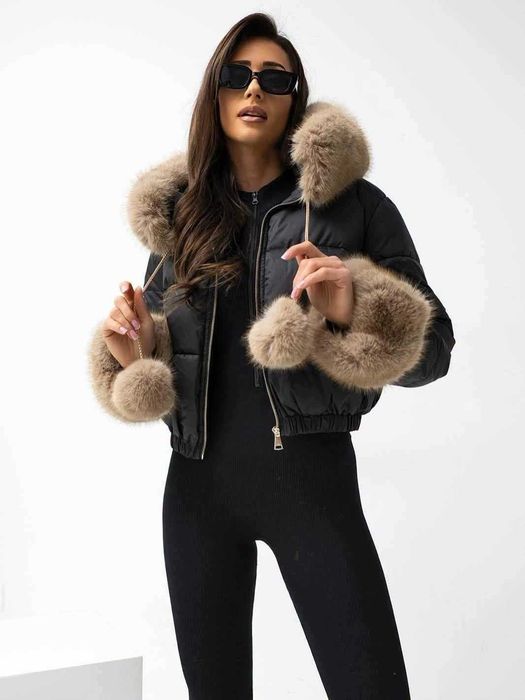 softy premium ocieplana kurtka z pomponami czarna S M L
