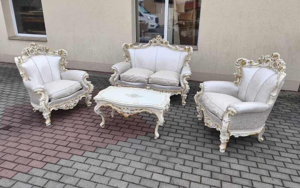 Włoski wypoczynek rzeźbiony Silik sofa 2 fotele biały