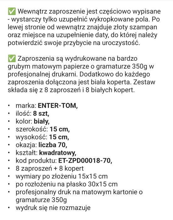 4 zaproszenia z kopertami na 70 - te urodziny