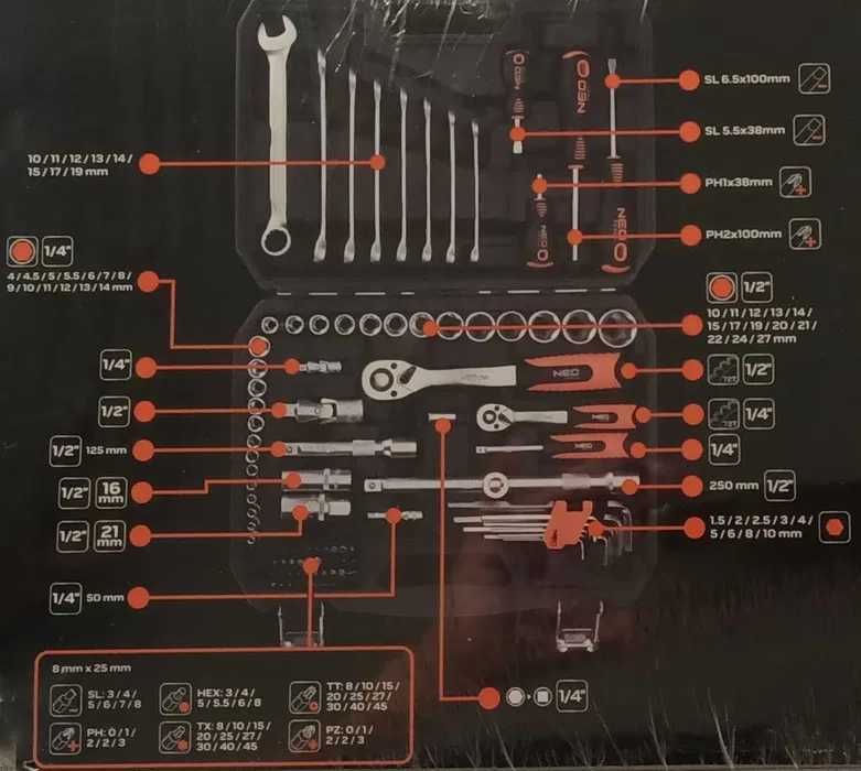 Zestaw Narzędziowy 100 el. 1/2" 1/4" Neo Tools 10-206