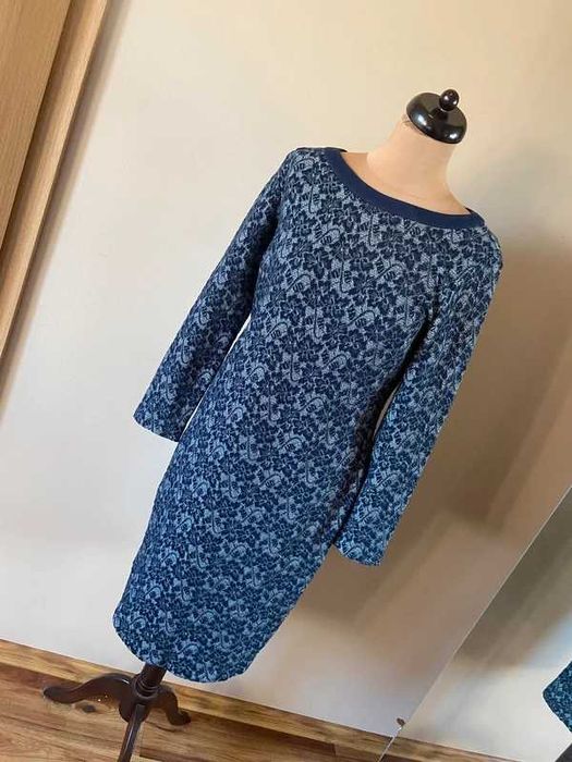 L xl 42 wzory taranko sukienka midi oversize trapez granat tekstura