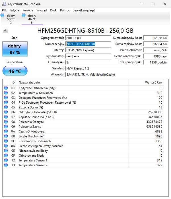 Dysk SSD SK Hynix BC501 256 GB M.2 2242 (HFM256GDHTNG)
