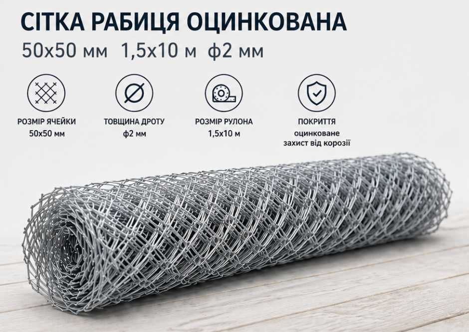 Сетка рабица оцинкованная 50х50 мм 1,5х10 м ф2,5 для забора и ограждения / Сітка рабиця оцинкована 50х50 мм 1,5х10 м ф2,5 для паркану та огорожі