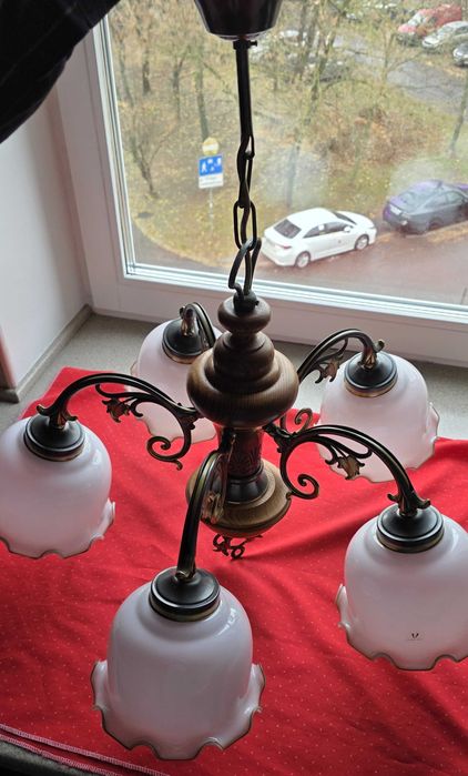 Żyrandol Lampa Wisząca Klosze Szklane Mosiądz Lakierowany Made  Italy